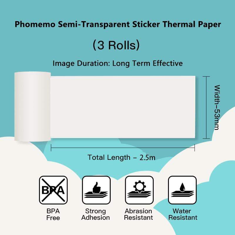 Phomemo 53mm Semi-Transparent Sticker Thermal Paper for M02/M02S/M02Pro/M03/M04S/M04AS/M832/P2S丨3 Rolls - Image 3