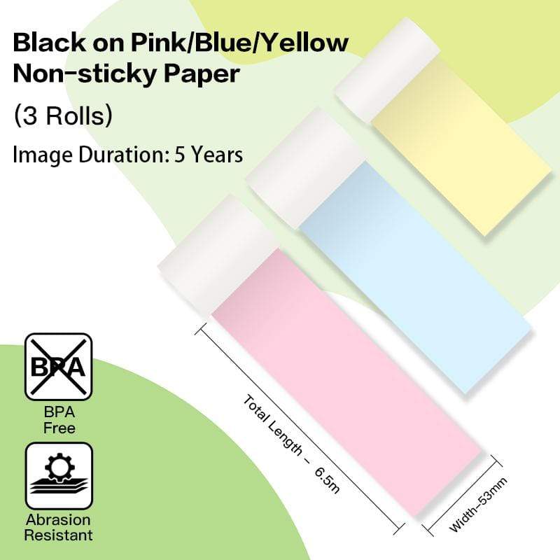 Phomemo 53mm Yellow/Pink/Blue Non-Adhesive 5-Year-Lasting Thermal Paper for M02/M02S/M02Pro/M03/M04S/M04AS/M832/P2S丨3 Rolls - Image 3