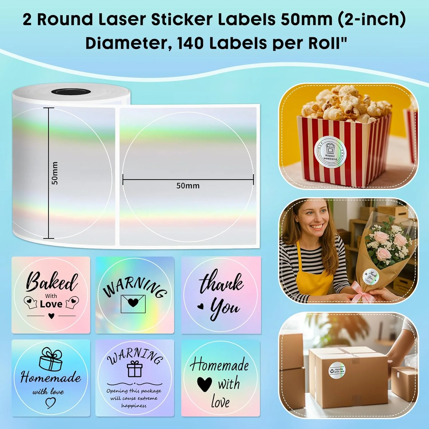 Phomemo M110 Labels, 2"(50X50mm) Round for M220 M221 M100 M250 M120 M108 M150 Label Maker, Thermal Sticker Labels for Small Business, Logo Design, Baking Package, Holographic Sticker Paper,for standard printer - Image 9
